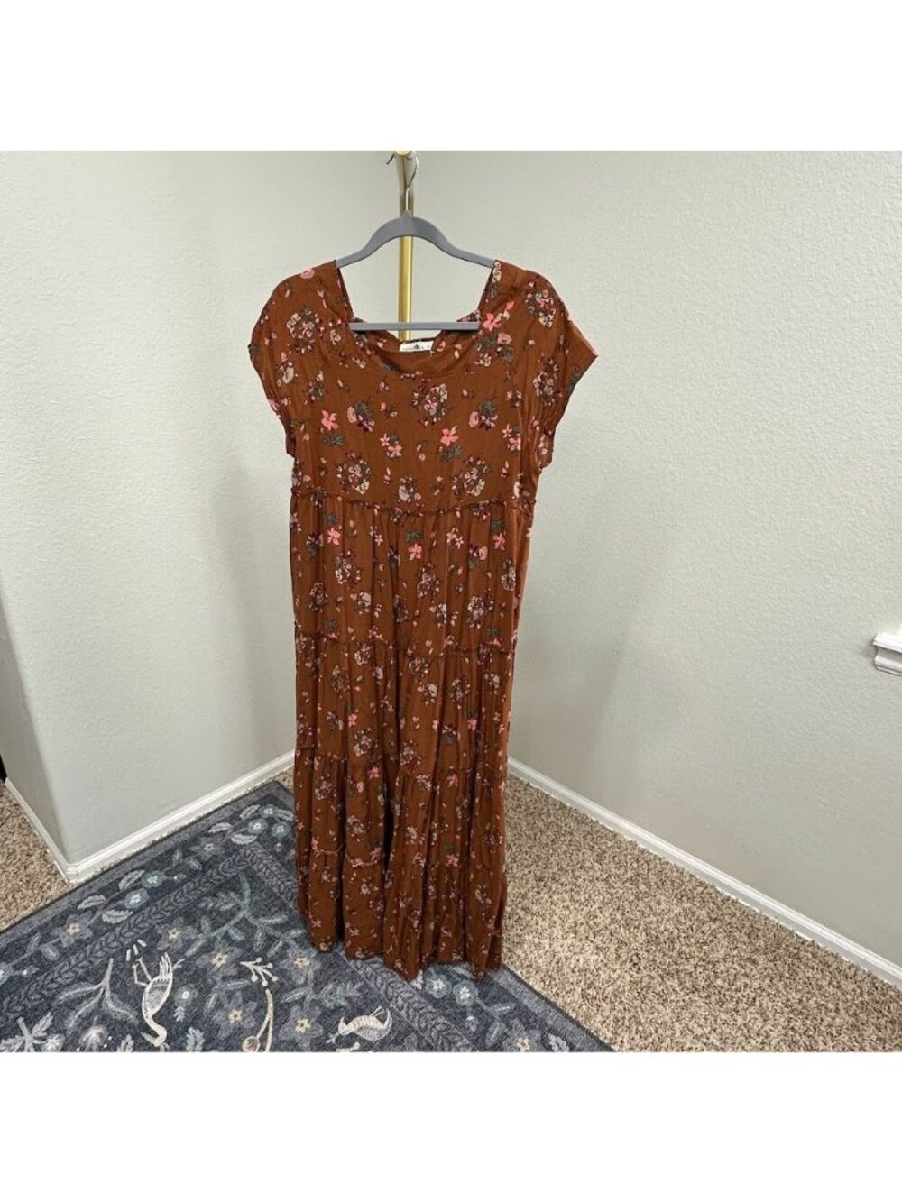 Natural Life Berkley Maxi Dress Brown Bouquet Floral Print Tiered Womens Medium